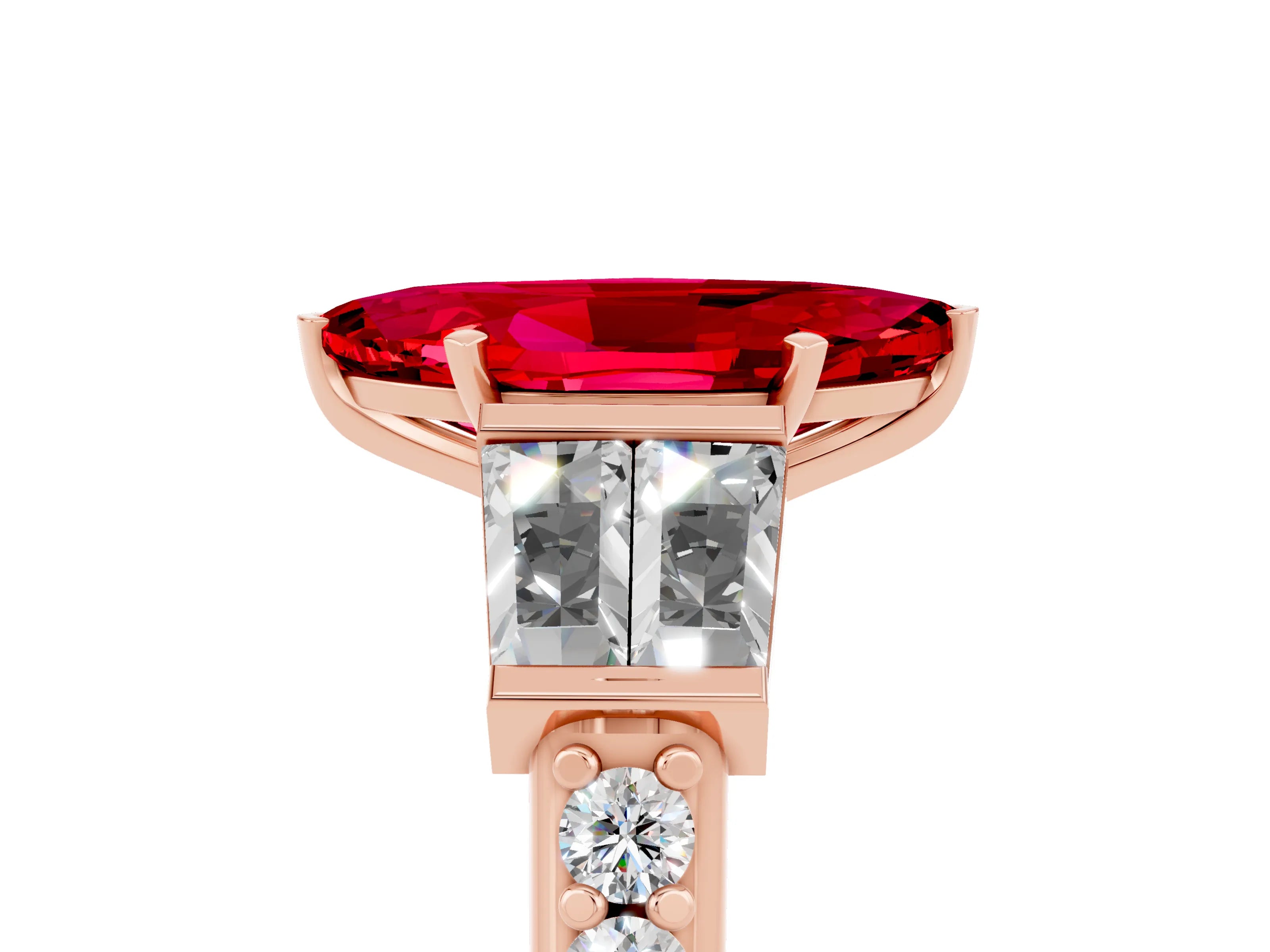 Rose gold Marquise Cut Ruby Engagement Ring with Baguette Side Stones and Channel Set Band_5