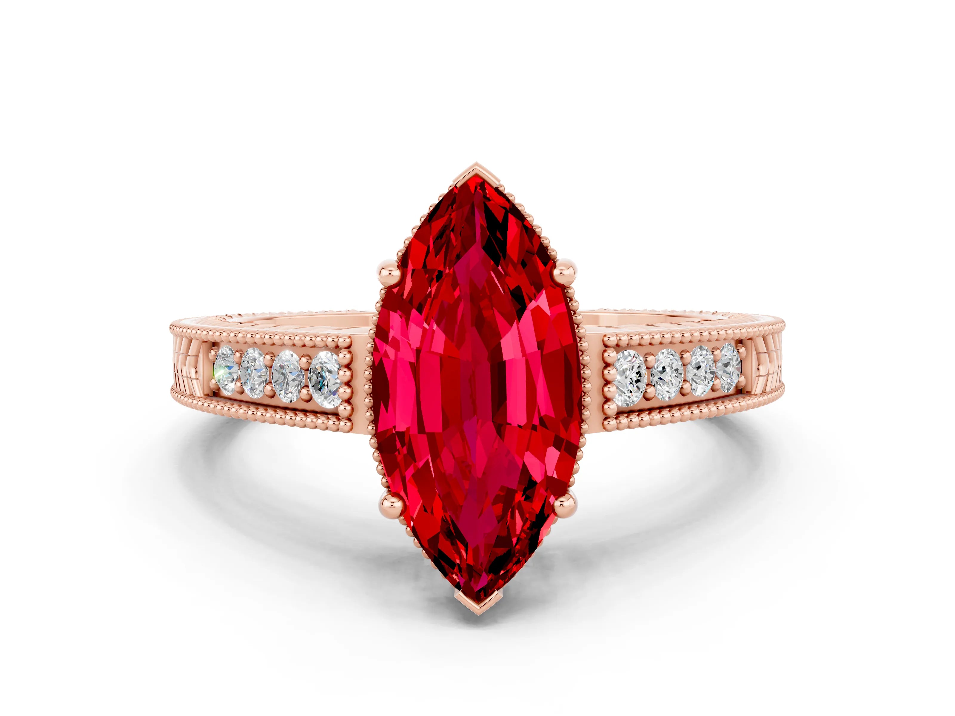 Rose gold Marquise Cut Ruby Engagement Ring with Milgrain Channel Set Band and Prong Setting