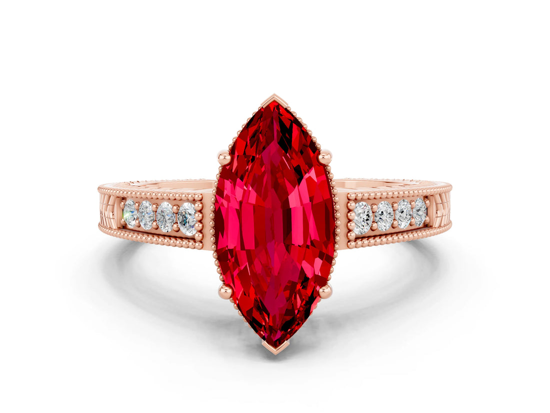 Rose gold Marquise Cut Ruby Engagement Ring with Milgrain Channel Set Band and Prong Setting