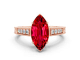 Rose gold Marquise Cut Ruby Engagement Ring with Milgrain Channel Set Band and Prong Setting