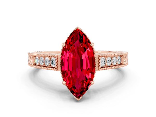 Rose gold Marquise Cut Ruby Engagement Ring with Milgrain Channel Set Band and Prong Setting