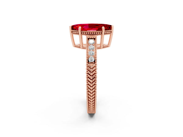 Rose gold Marquise Cut Ruby Engagement Ring with Milgrain Channel Set Band and Prong Setting