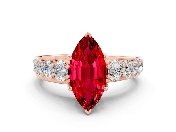 Rose gold Marquise Cut Ruby Engagement Ring with Pavé Band and Four-Prong Setting