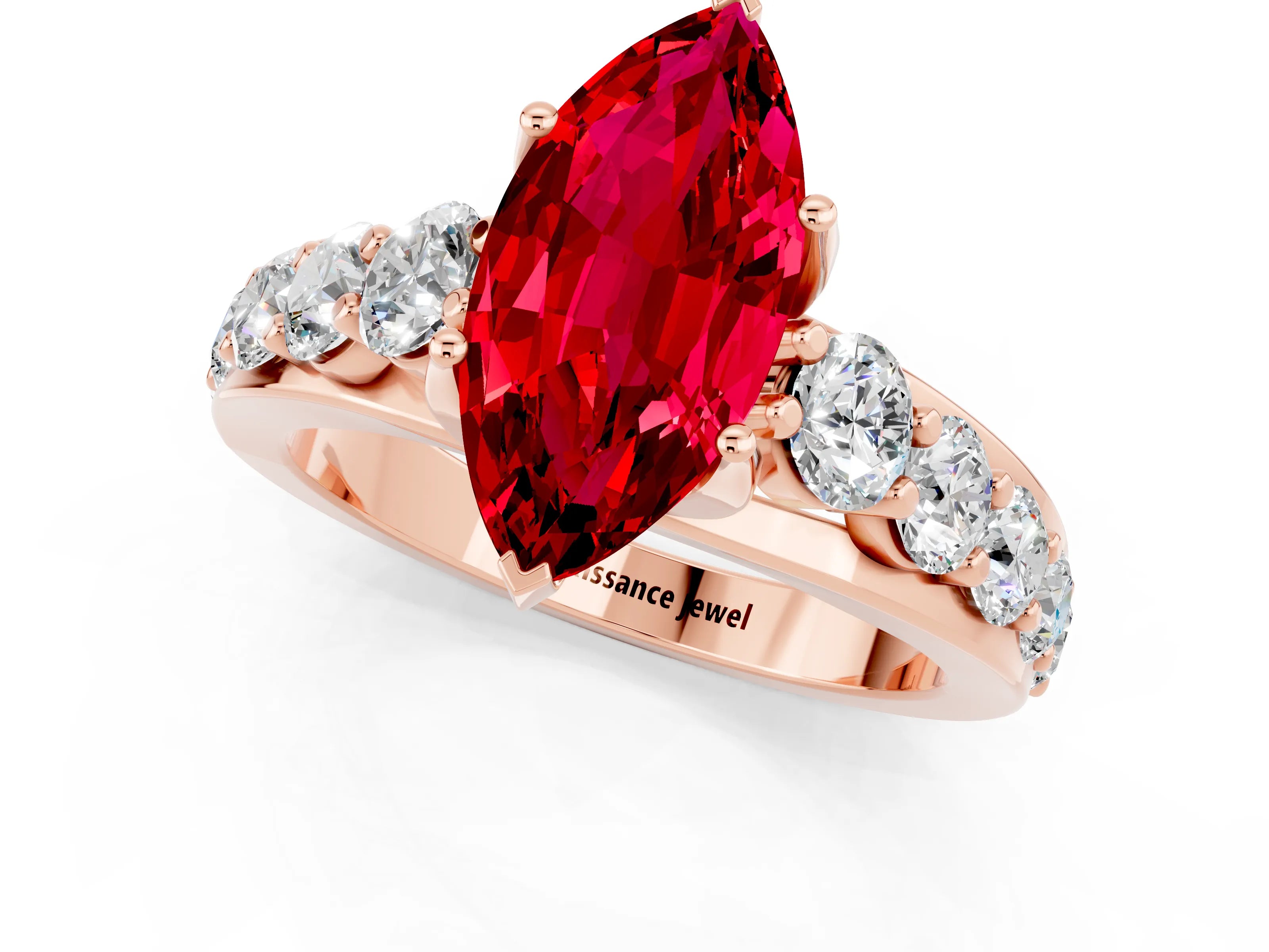 Rose gold Marquise Cut Ruby Engagement Ring with Pavé Band and Four-Prong Setting_1