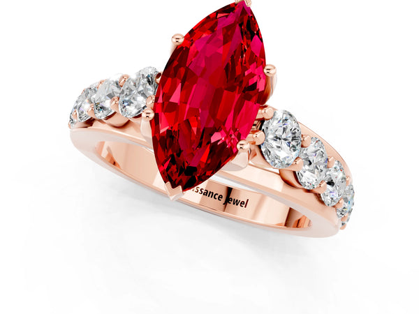 Rose gold Marquise Cut Ruby Engagement Ring with Pavé Band and Four-Prong Setting