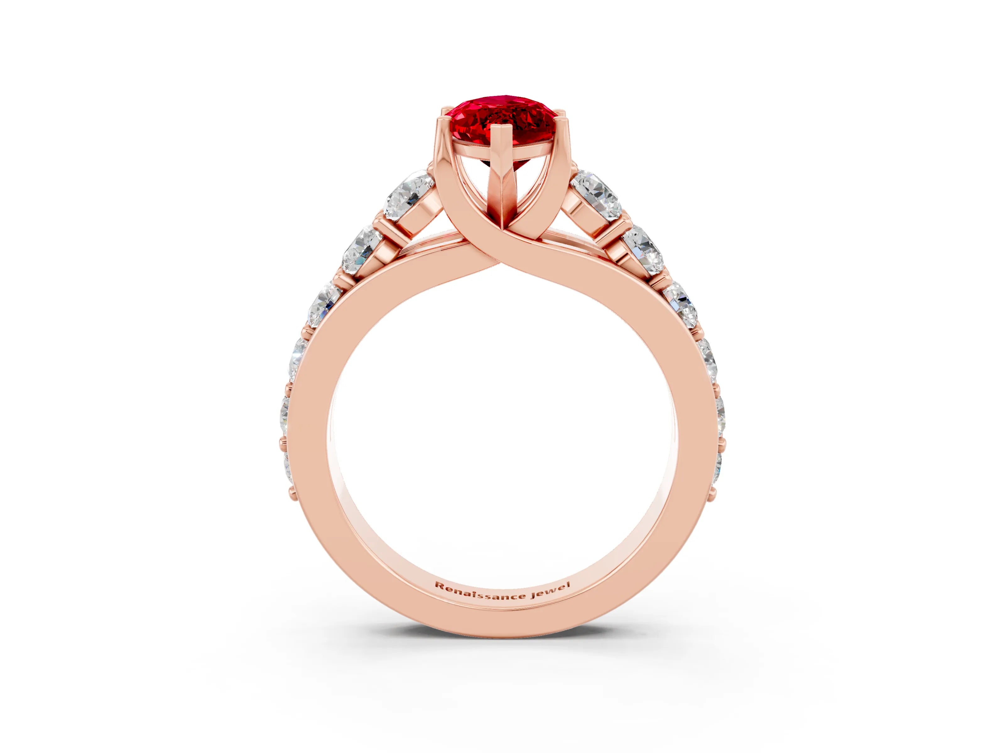 Rose gold Marquise Cut Ruby Engagement Ring with Pavé Band and Four-Prong Setting_3