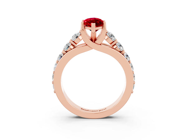 Rose gold Marquise Cut Ruby Engagement Ring with Pavé Band and Four-Prong Setting