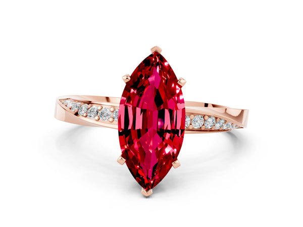 Rose gold Marquise Cut Ruby Engagement Ring with Side Stone Accents and Four-Prong Setting