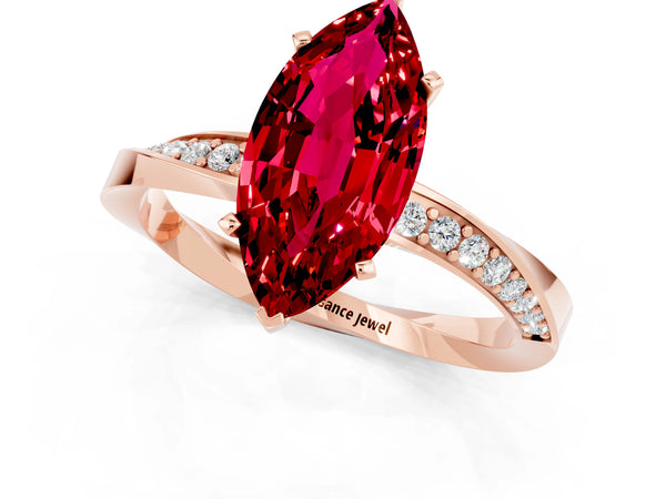 Rose gold Marquise Cut Ruby Engagement Ring with Side Stone Accents and Four-Prong Setting