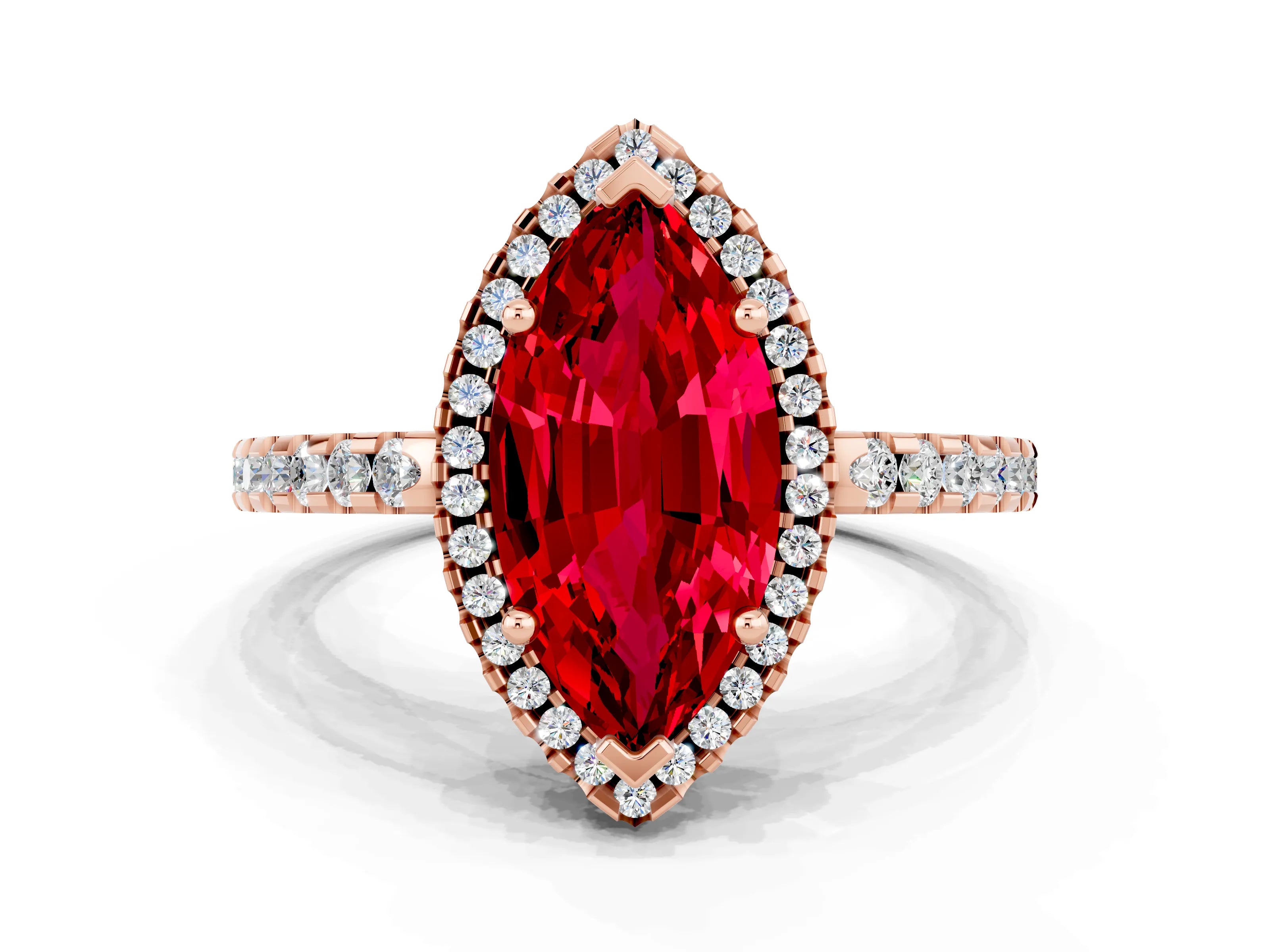 Rose gold Marquise Cut Ruby Halo Engagement Ring with Pavé Band and Prong Setting_12
