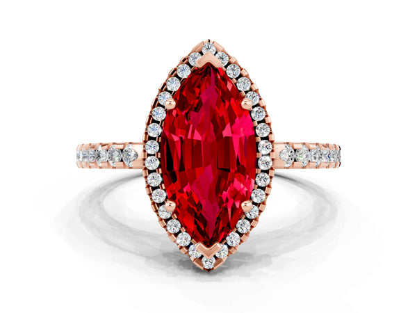 Rose gold Marquise Cut Ruby Halo Engagement Ring with Pavé Band and Prong Setting