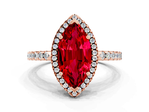 Rose gold Marquise Cut Ruby Halo Engagement Ring with Pavé Band and Prong Setting_12