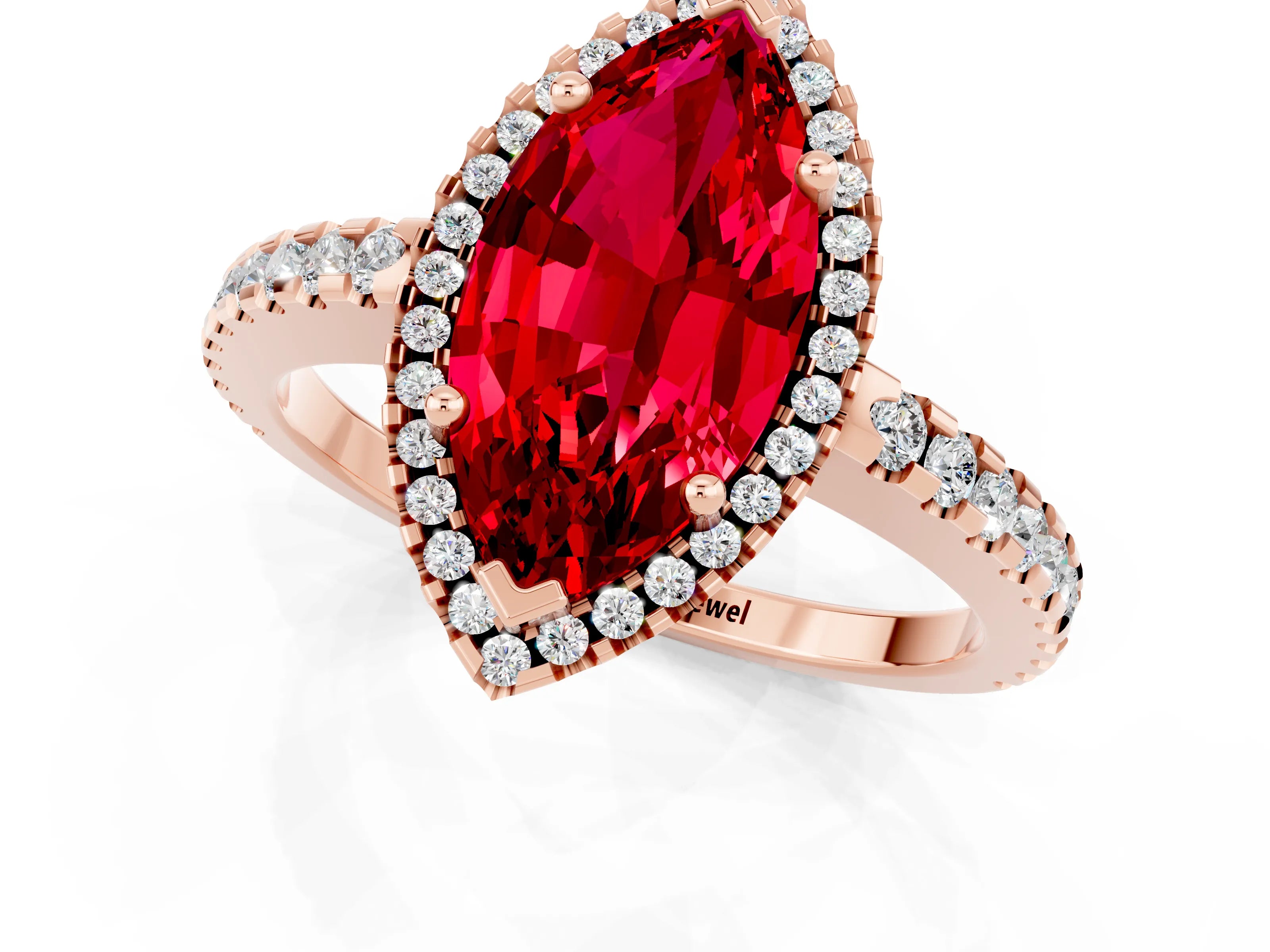 Rose gold Marquise Cut Ruby Halo Engagement Ring with Pavé Band and Prong Setting_13