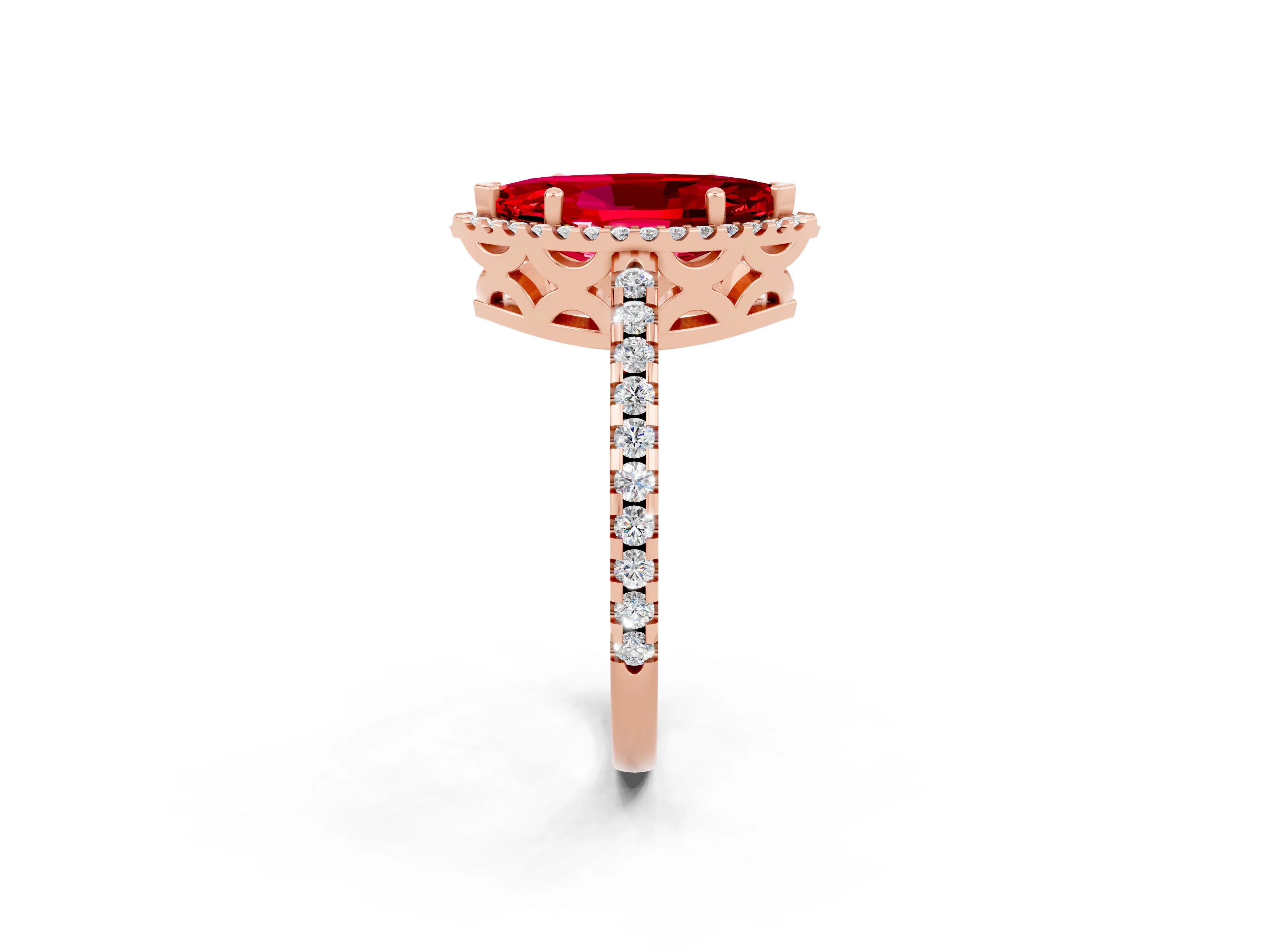 Rose gold Marquise Cut Ruby Halo Engagement Ring with Pavé Band and Prong Setting_14