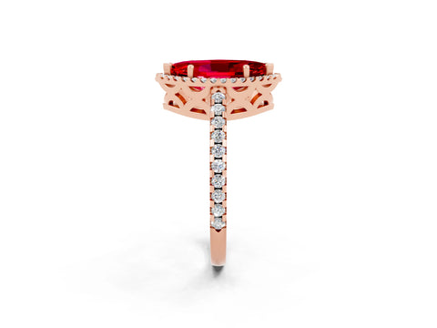 Rose gold Marquise Cut Ruby Halo Engagement Ring with Pavé Band and Prong Setting_14