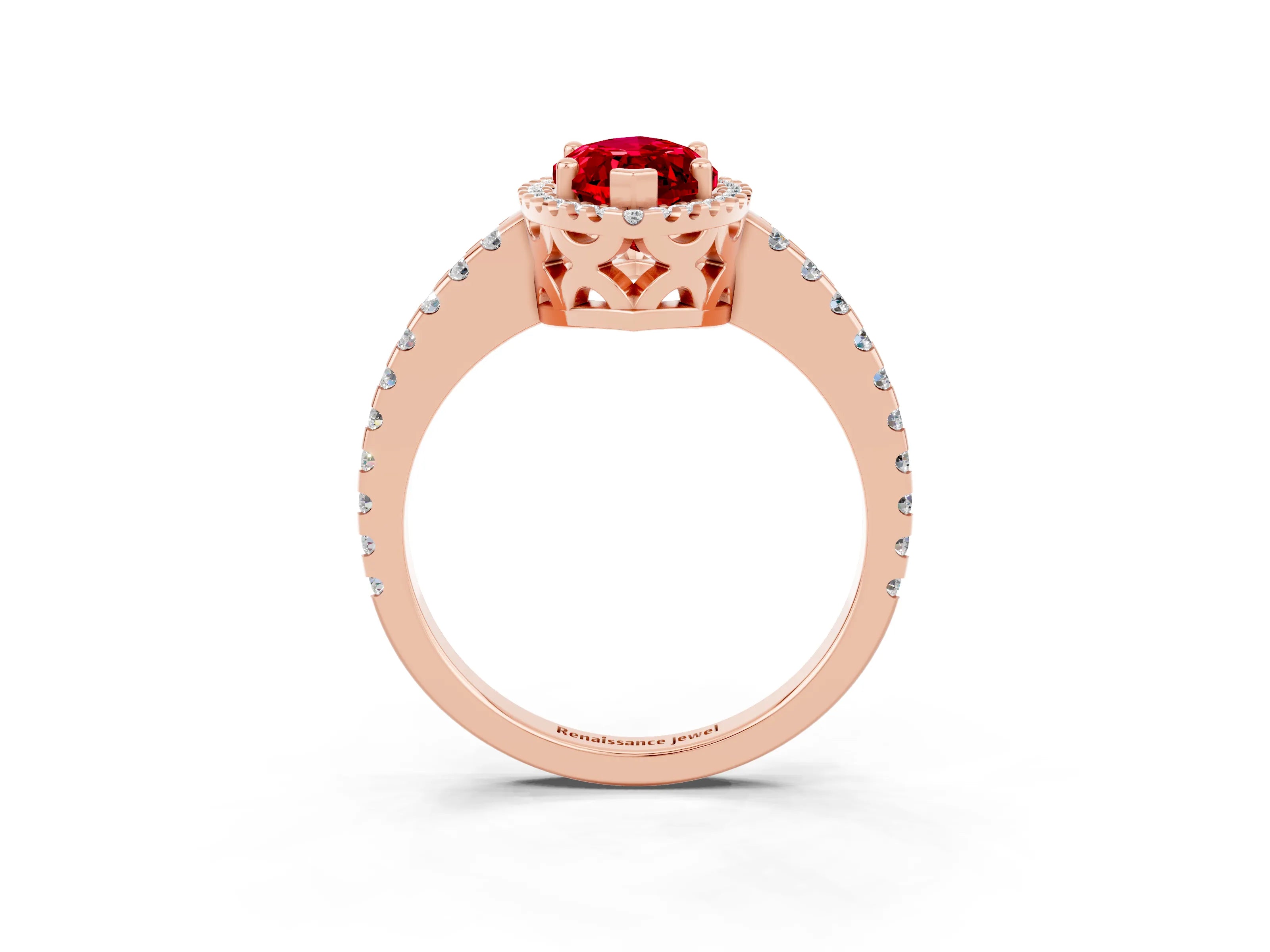 Rose gold Marquise Cut Ruby Halo Engagement Ring with Pavé Band and Prong Setting_15