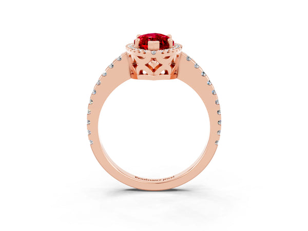 Rose gold Marquise Cut Ruby Halo Engagement Ring with Pavé Band and Prong Setting