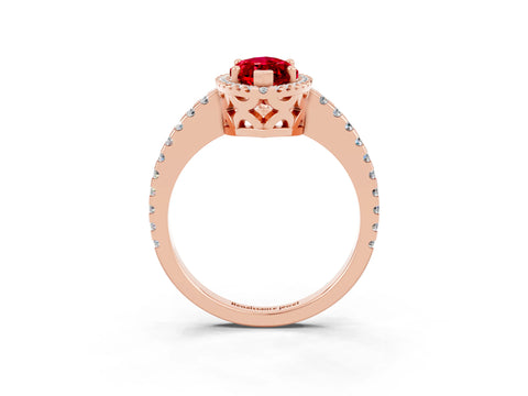 Rose gold Marquise Cut Ruby Halo Engagement Ring with Pavé Band and Prong Setting_15