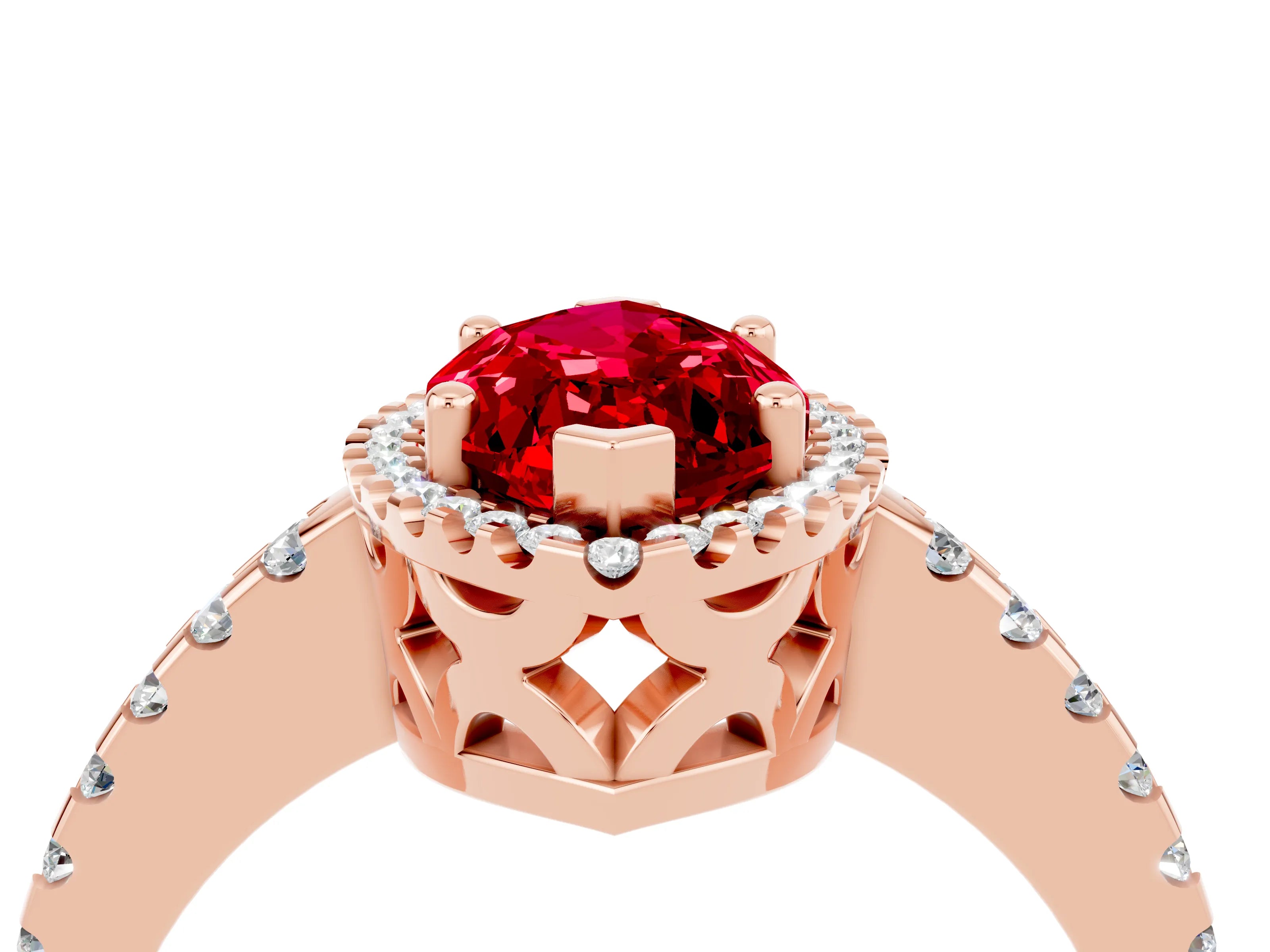Rose gold Marquise Cut Ruby Halo Engagement Ring with Pavé Band and Prong Setting_16