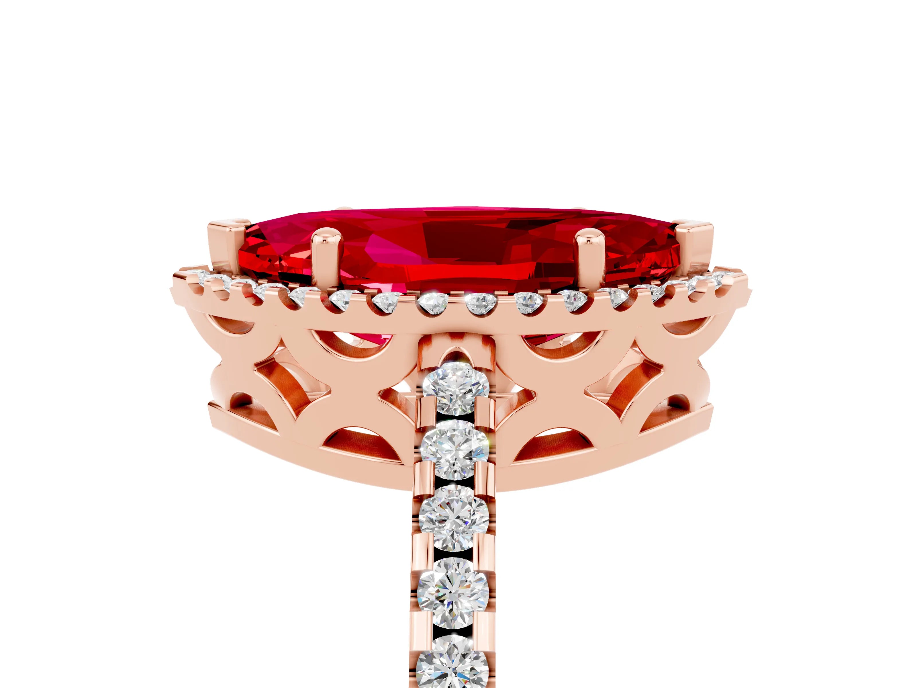 Rose gold Marquise Cut Ruby Halo Engagement Ring with Pavé Band and Prong Setting_17