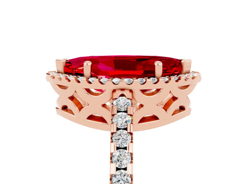 Rose gold Marquise Cut Ruby Halo Engagement Ring with Pavé Band and Prong Setting_17