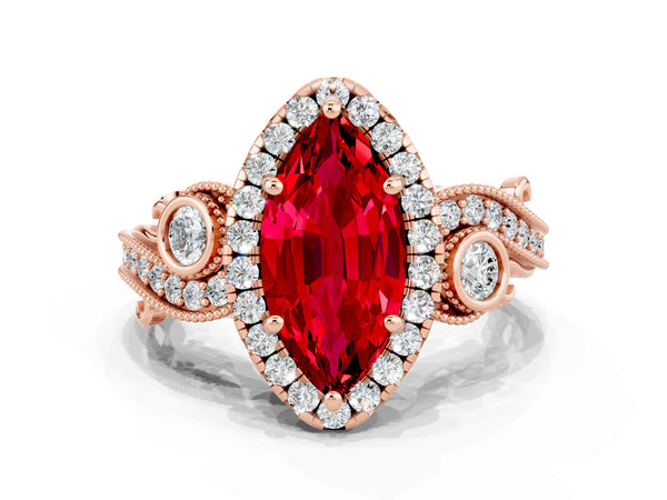 Rose gold Marquise Cut Ruby Halo Ring with Milgrain Pavé Band and Four-Prong Setting