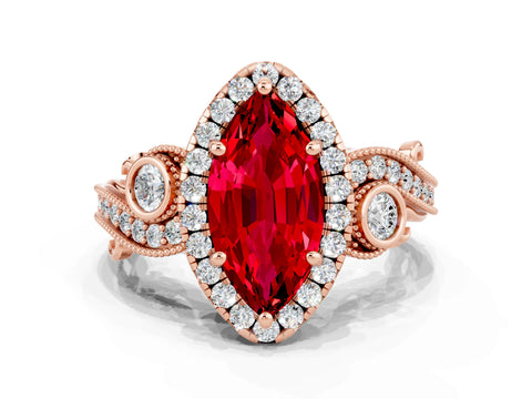 Rose gold Marquise Cut Ruby Halo Ring with Milgrain Pavé Band and Four-Prong Setting_12