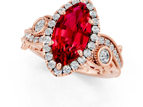Rose gold Marquise Cut Ruby Halo Ring with Milgrain Pavé Band and Four-Prong Setting_13