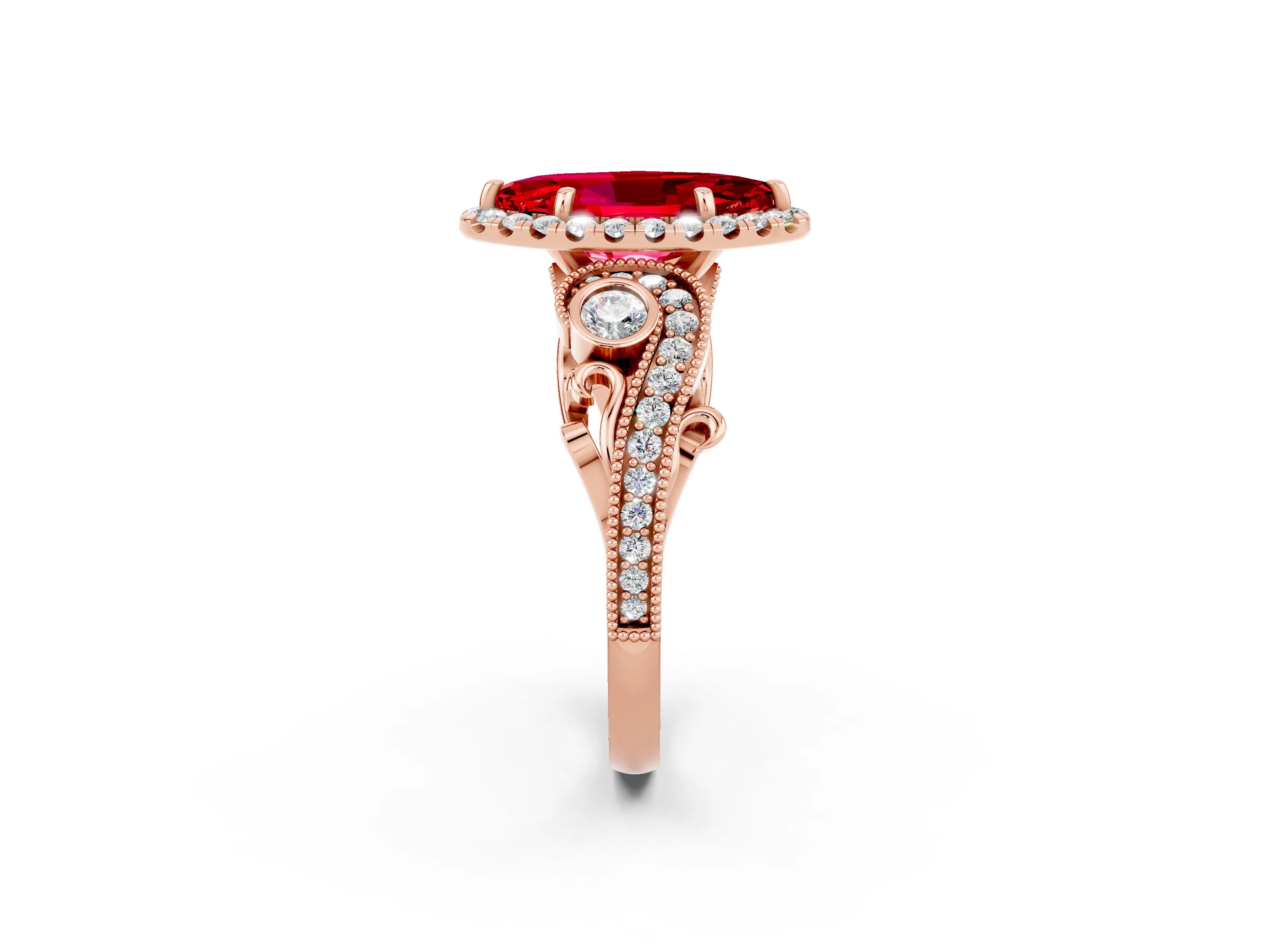 Rose gold Marquise Cut Ruby Halo Ring with Milgrain Pavé Band and Four-Prong Setting_14