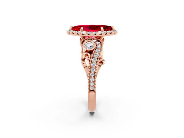 Rose gold Marquise Cut Ruby Halo Ring with Milgrain Pavé Band and Four-Prong Setting