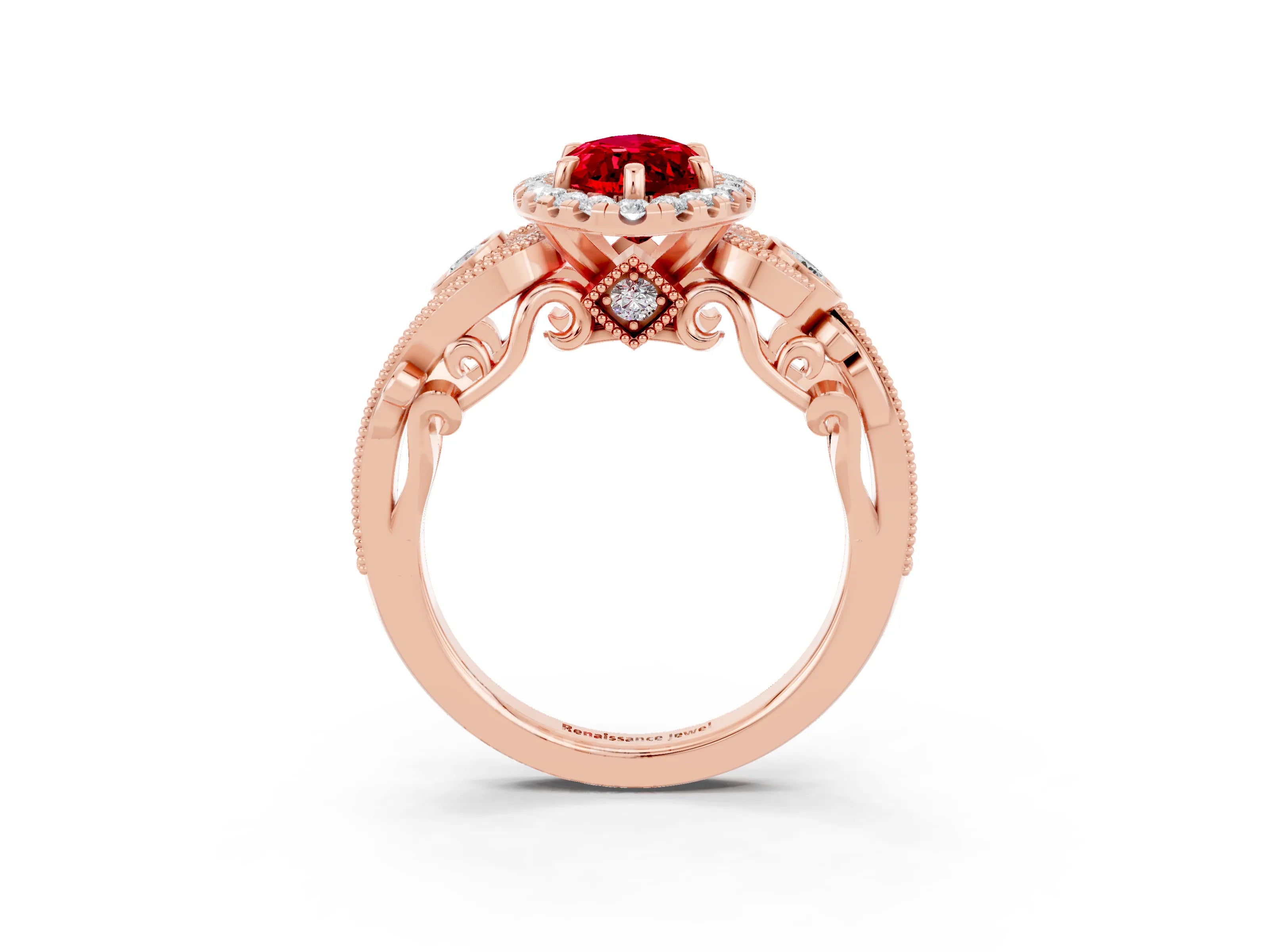Rose gold Marquise Cut Ruby Halo Ring with Milgrain Pavé Band and Four-Prong Setting_15