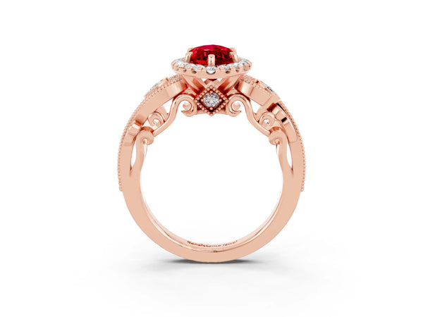 Rose gold Marquise Cut Ruby Halo Ring with Milgrain Pavé Band and Four-Prong Setting