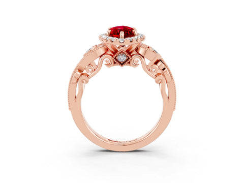 Rose gold Marquise Cut Ruby Halo Ring with Milgrain Pavé Band and Four-Prong Setting_15