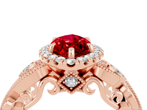 Rose gold Marquise Cut Ruby Halo Ring with Milgrain Pavé Band and Four-Prong Setting_16