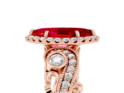 Rose gold Marquise Cut Ruby Halo Ring with Milgrain Pavé Band and Four-Prong Setting_17
