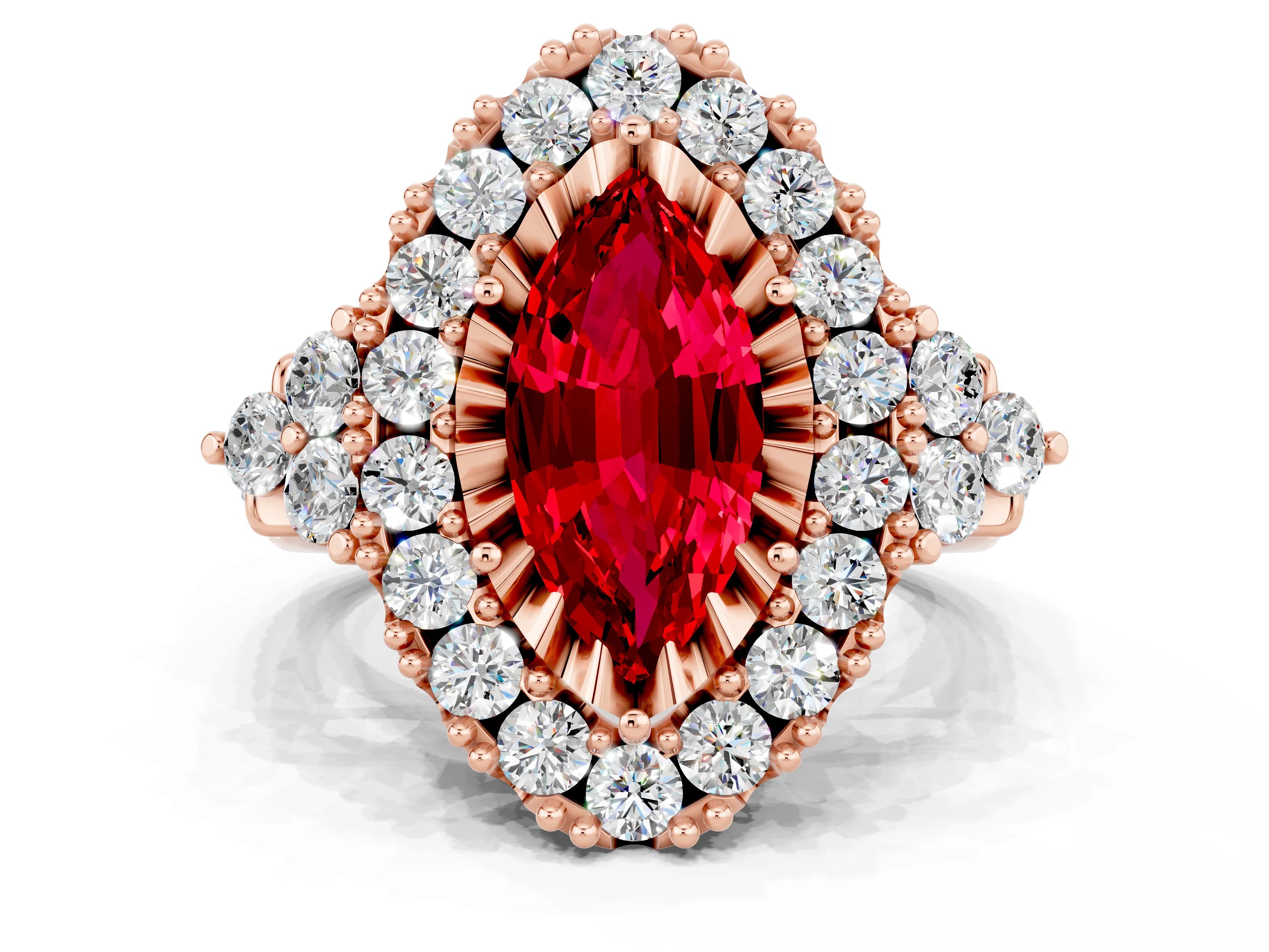 Rose gold Marquise Cut Ruby Halo Ring with Pavé Band and Four-Prong Setting_12