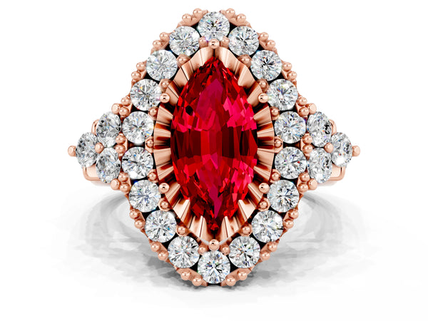 Rose gold Marquise Cut Ruby Halo Ring with Pavé Band and Four-Prong Setting