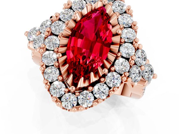 Rose gold Marquise Cut Ruby Halo Ring with Pavé Band and Four-Prong Setting