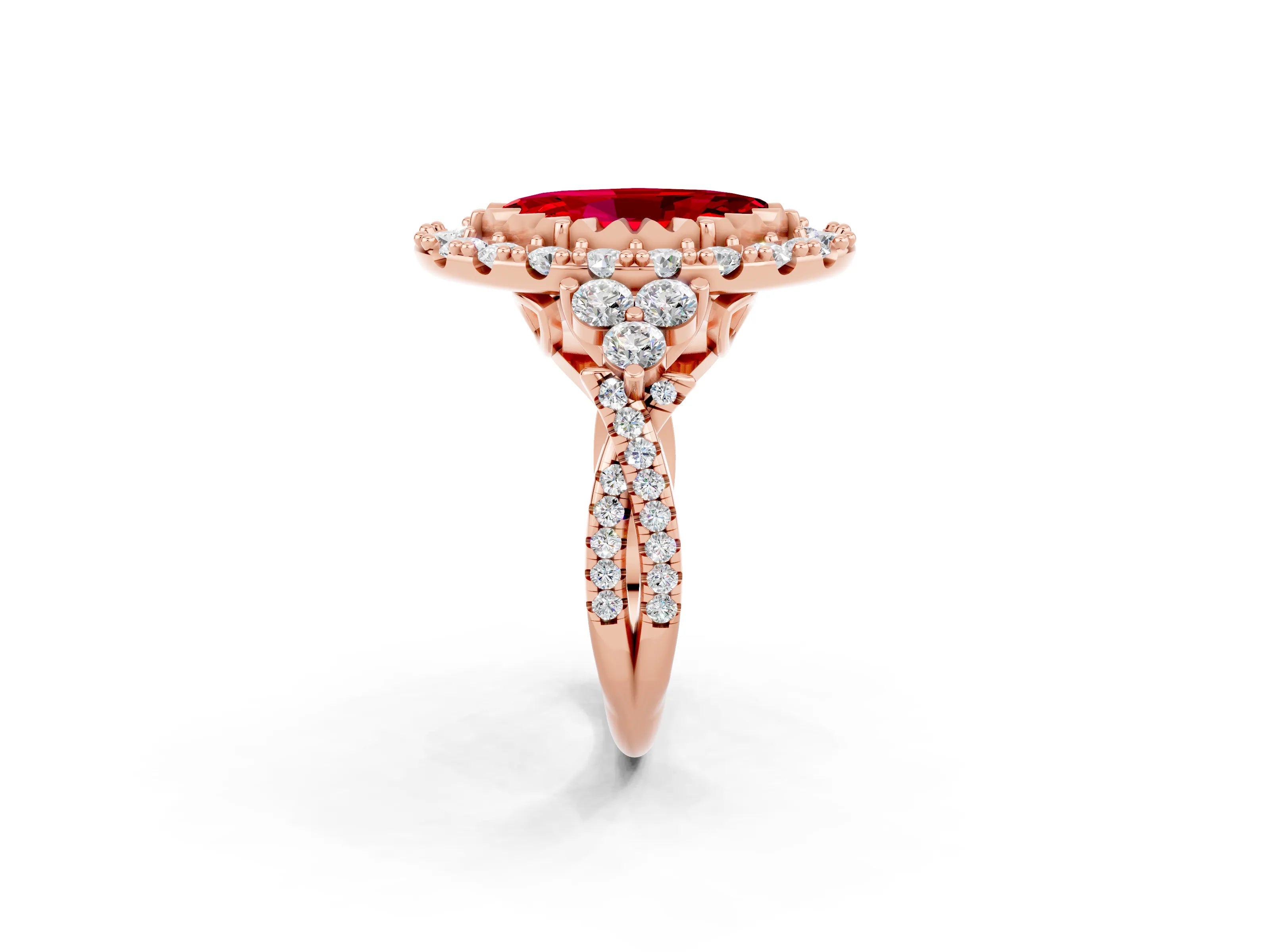 Rose gold Marquise Cut Ruby Halo Ring with Pavé Band and Four-Prong Setting_14