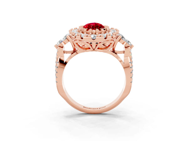 Rose gold Marquise Cut Ruby Halo Ring with Pavé Band and Four-Prong Setting