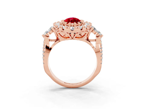 Rose gold Marquise Cut Ruby Halo Ring with Pavé Band and Four-Prong Setting_15