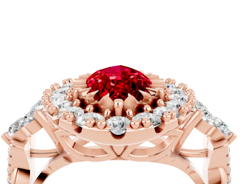Rose gold Marquise Cut Ruby Halo Ring with Pavé Band and Four-Prong Setting_16