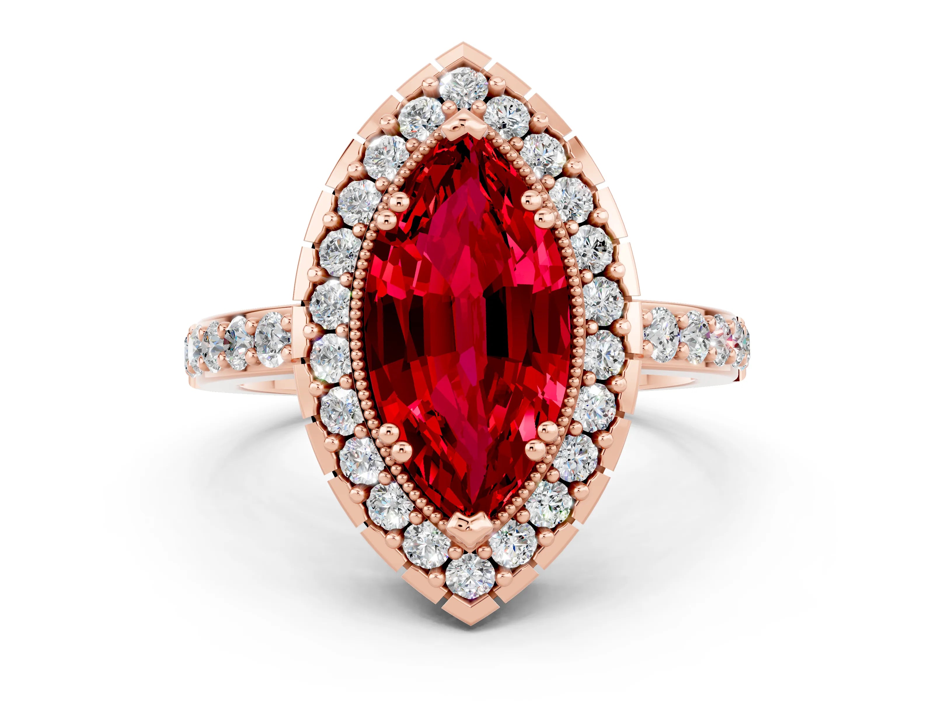 Rose gold Marquise Cut Ruby Halo Ring with Pavé Band and Prong Setting