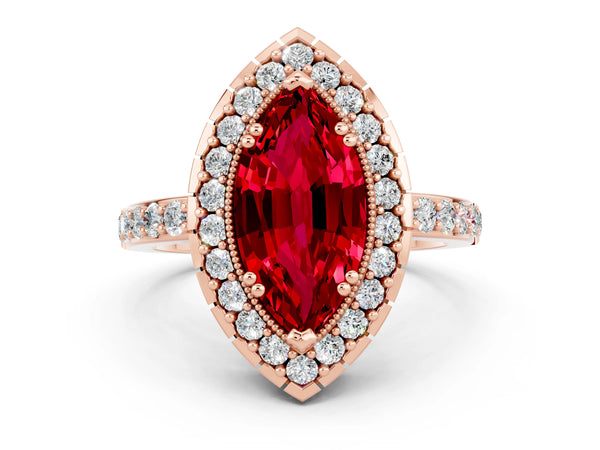 Rose gold Marquise Cut Ruby Halo Ring with Pavé Band and Prong Setting