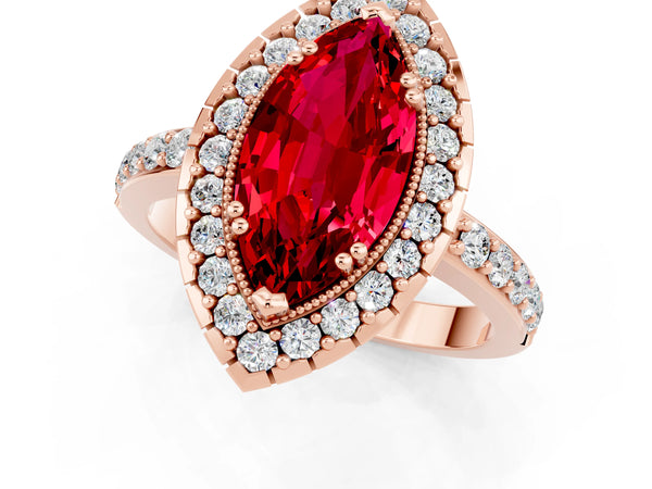 Rose gold Marquise Cut Ruby Halo Ring with Pavé Band and Prong Setting