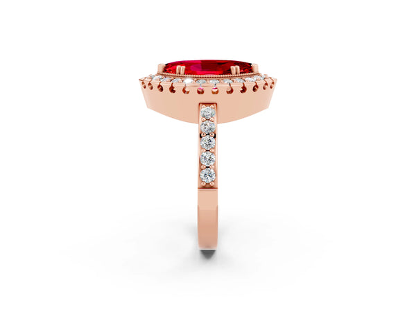 Rose gold Marquise Cut Ruby Halo Ring with Pavé Band and Prong Setting