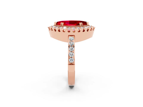 Rose gold Marquise Cut Ruby Halo Ring with Pavé Band and Prong Setting_2