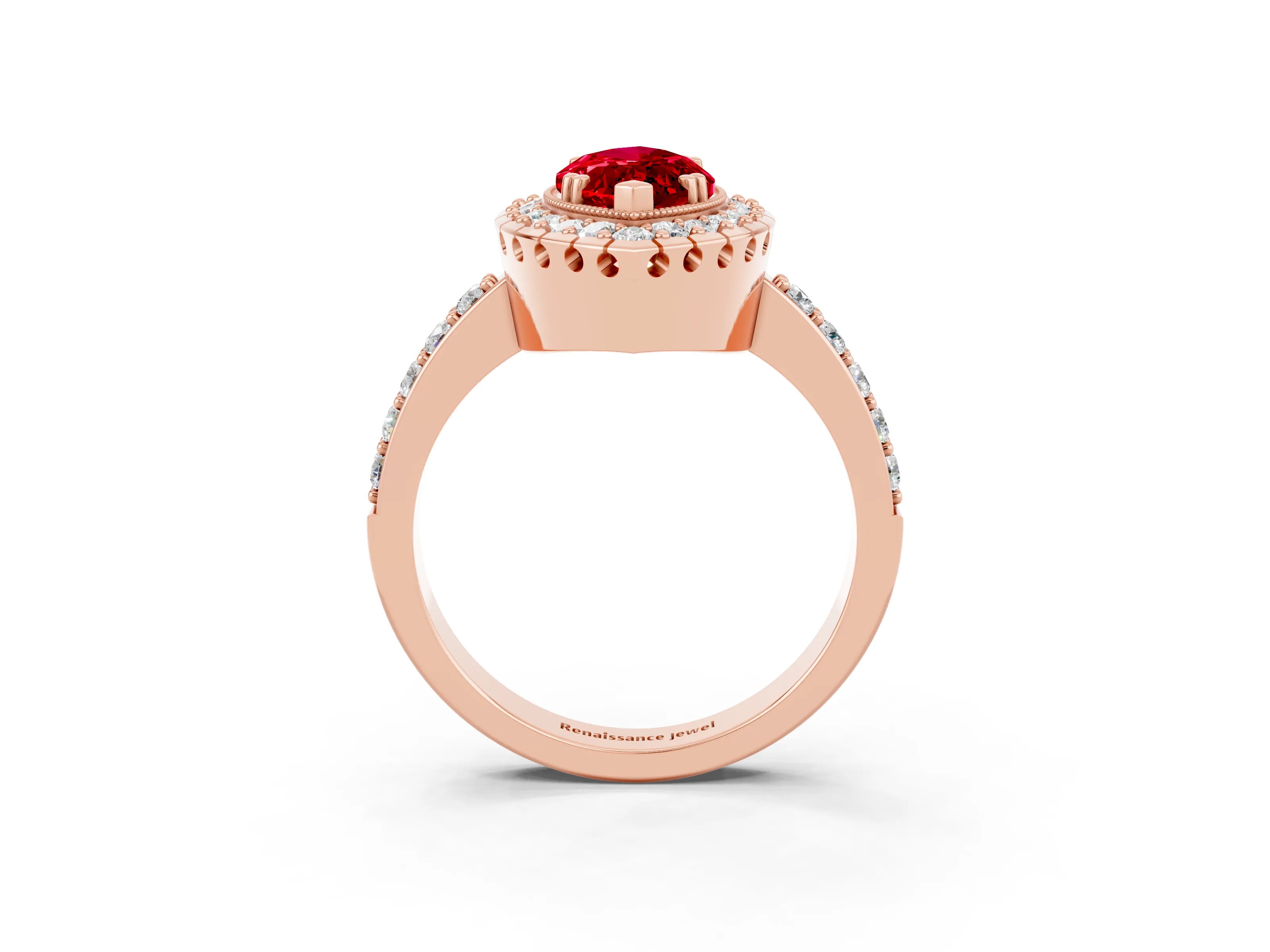 Rose gold Marquise Cut Ruby Halo Ring with Pavé Band and Prong Setting_3