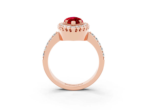 Rose gold Marquise Cut Ruby Halo Ring with Pavé Band and Prong Setting