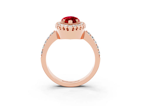Rose gold Marquise Cut Ruby Halo Ring with Pavé Band and Prong Setting_3